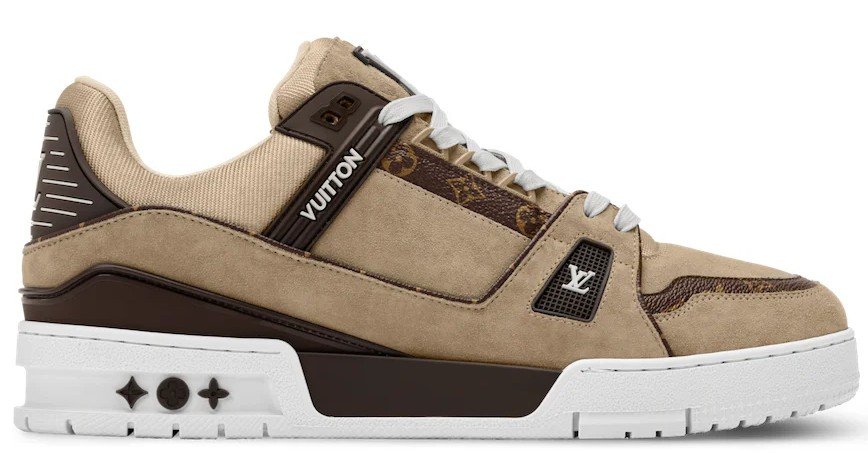 Louis Vuitton Trainer Sneaker Beige Suede Calf Leather Iconic Monogram Canvas Premium Sneakers